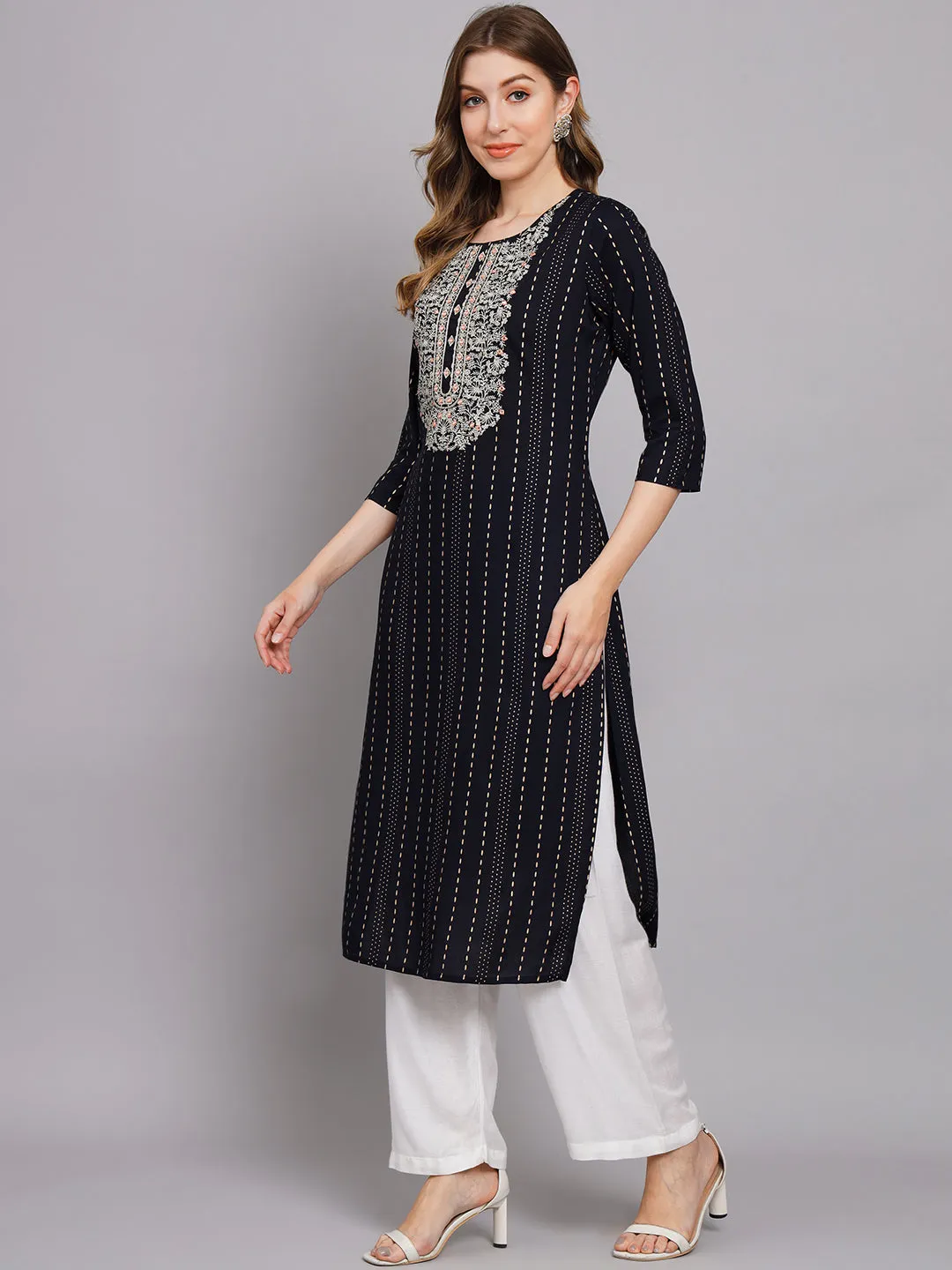 Women's Navy Blue Rayon Straight Kurta