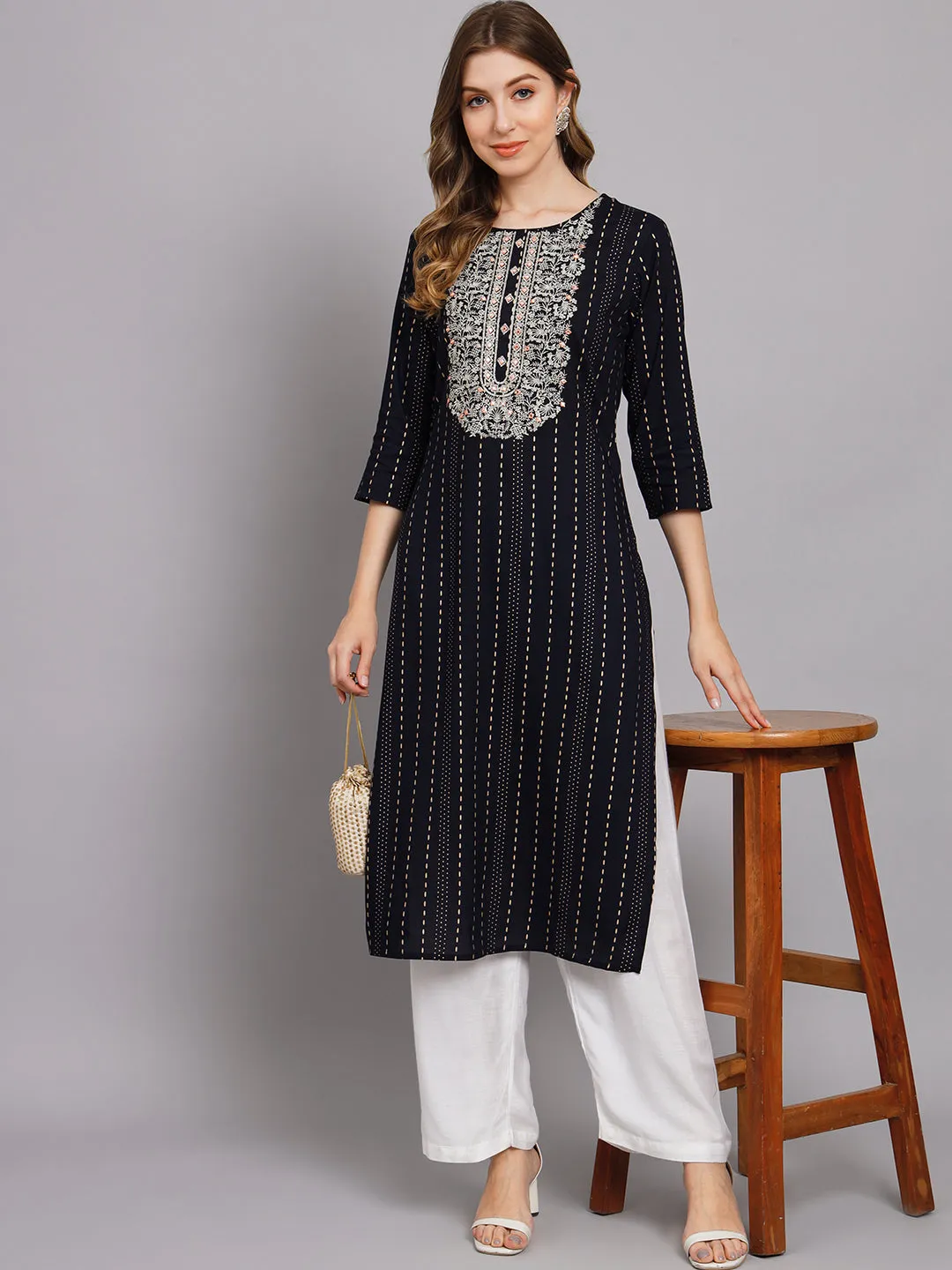 Women's Navy Blue Rayon Straight Kurta