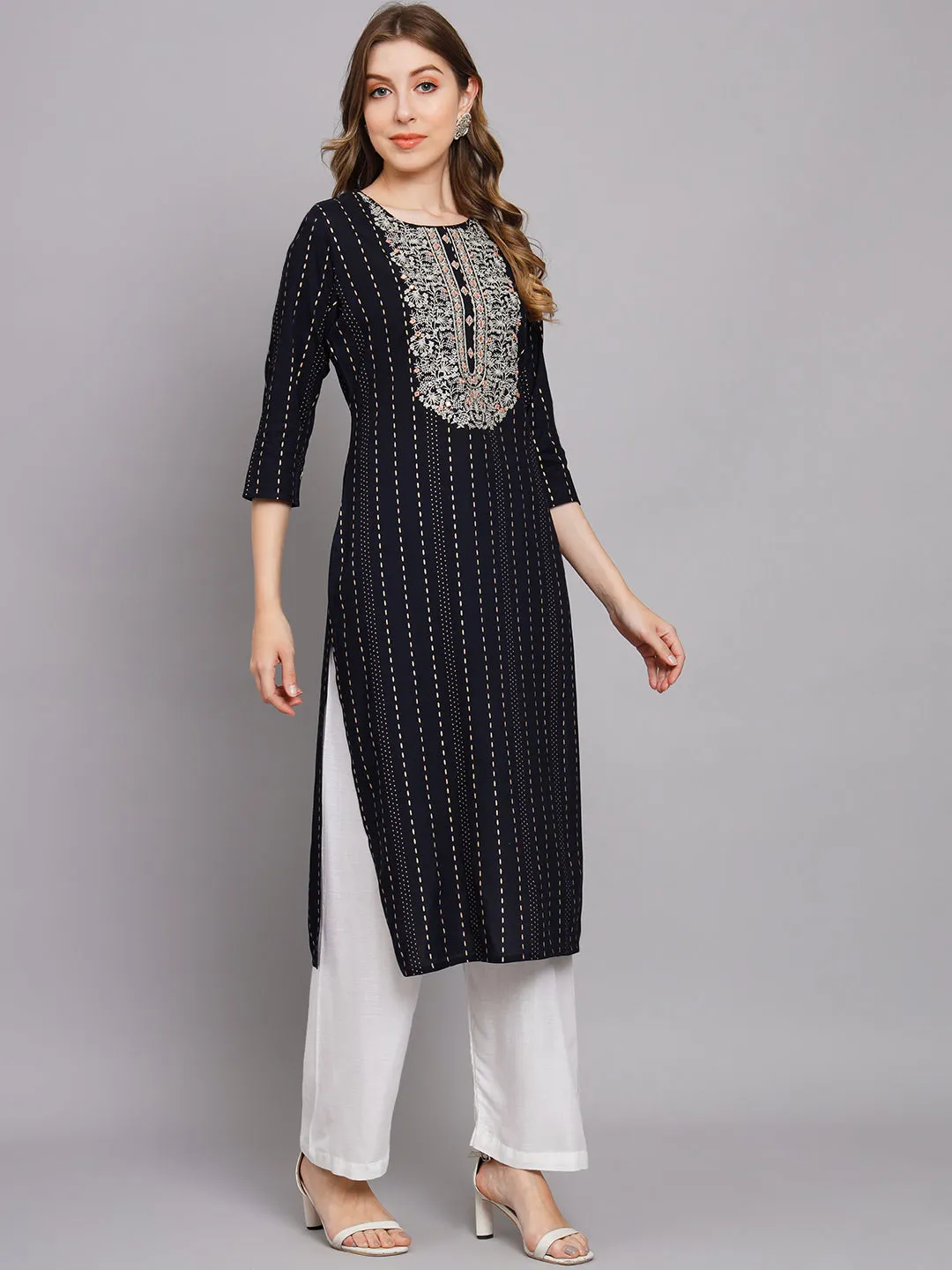 Women's Navy Blue Rayon Straight Kurta