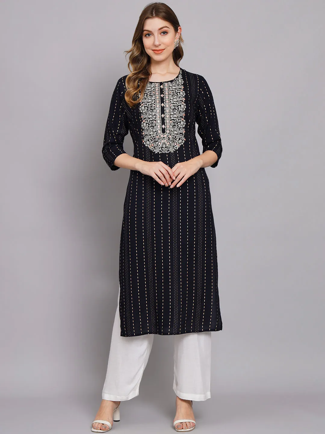 Women's Navy Blue Rayon Straight Kurta
