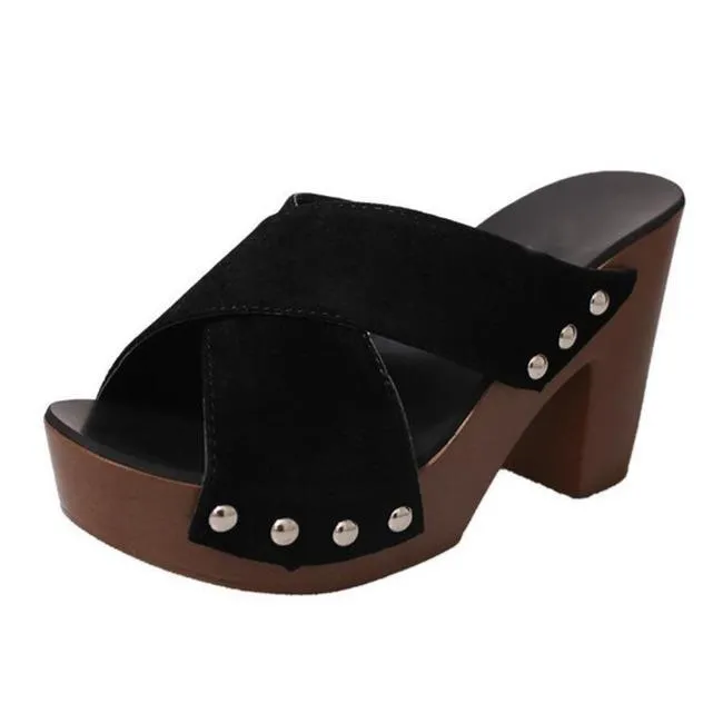 Women's peep toe criss arch support chunky high heel slip on sandals