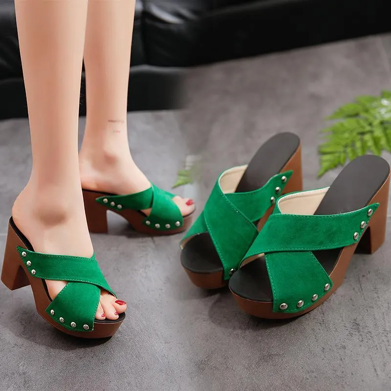 Women's peep toe criss arch support chunky high heel slip on sandals