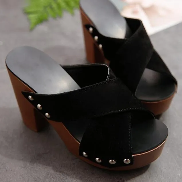 Women's peep toe criss arch support chunky high heel slip on sandals
