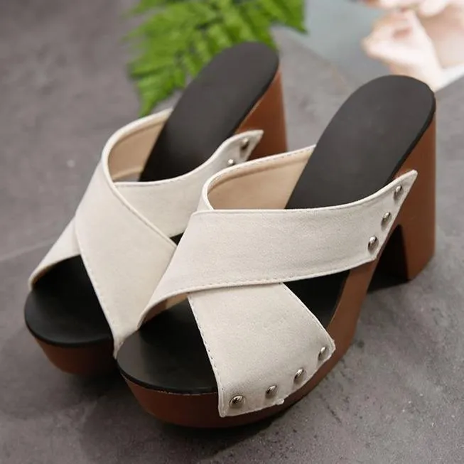 Women's peep toe criss arch support chunky high heel slip on sandals