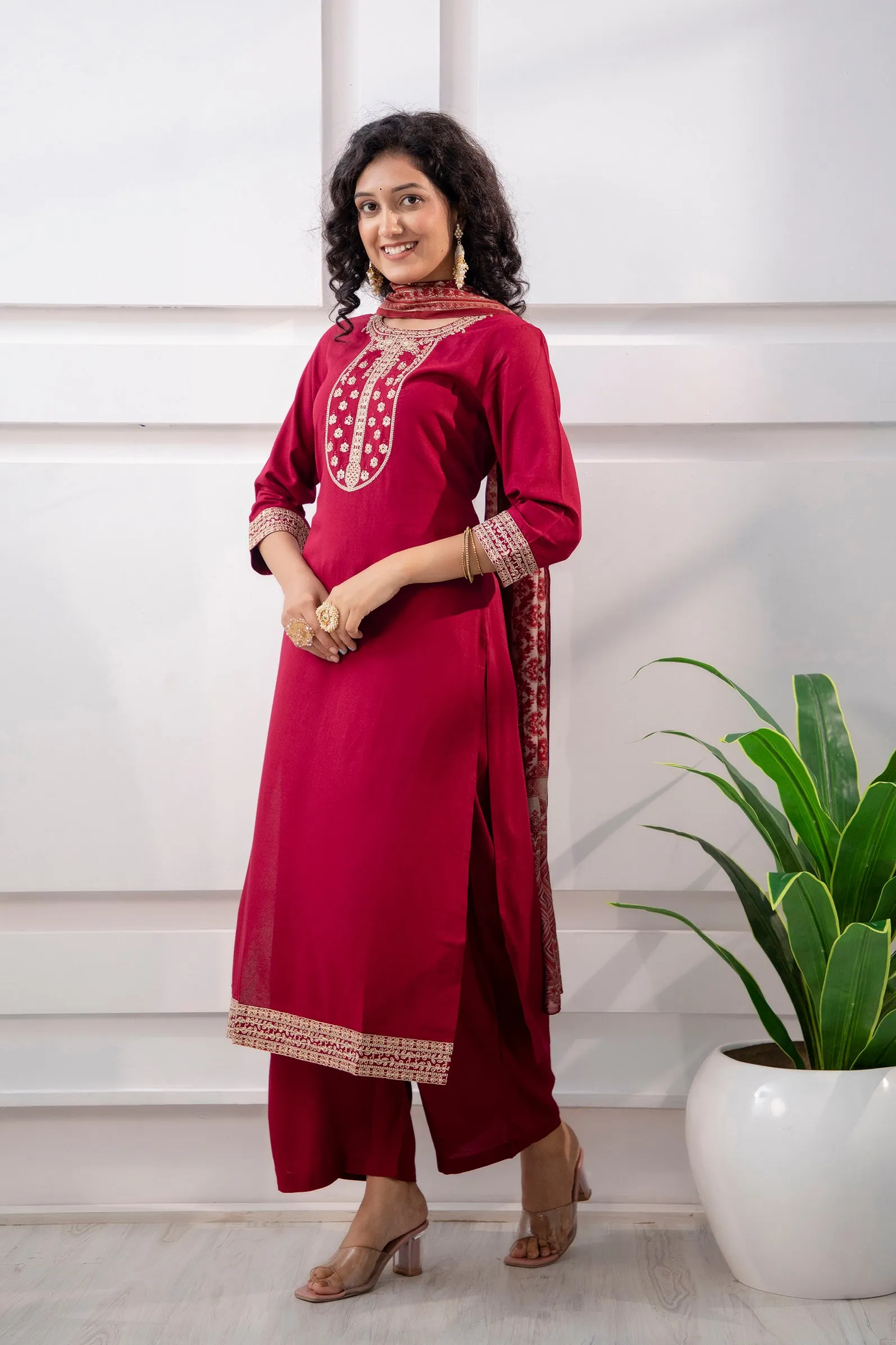 Women's Rayon Maroon Straight Kurta Palazzo and Dupatta Set
