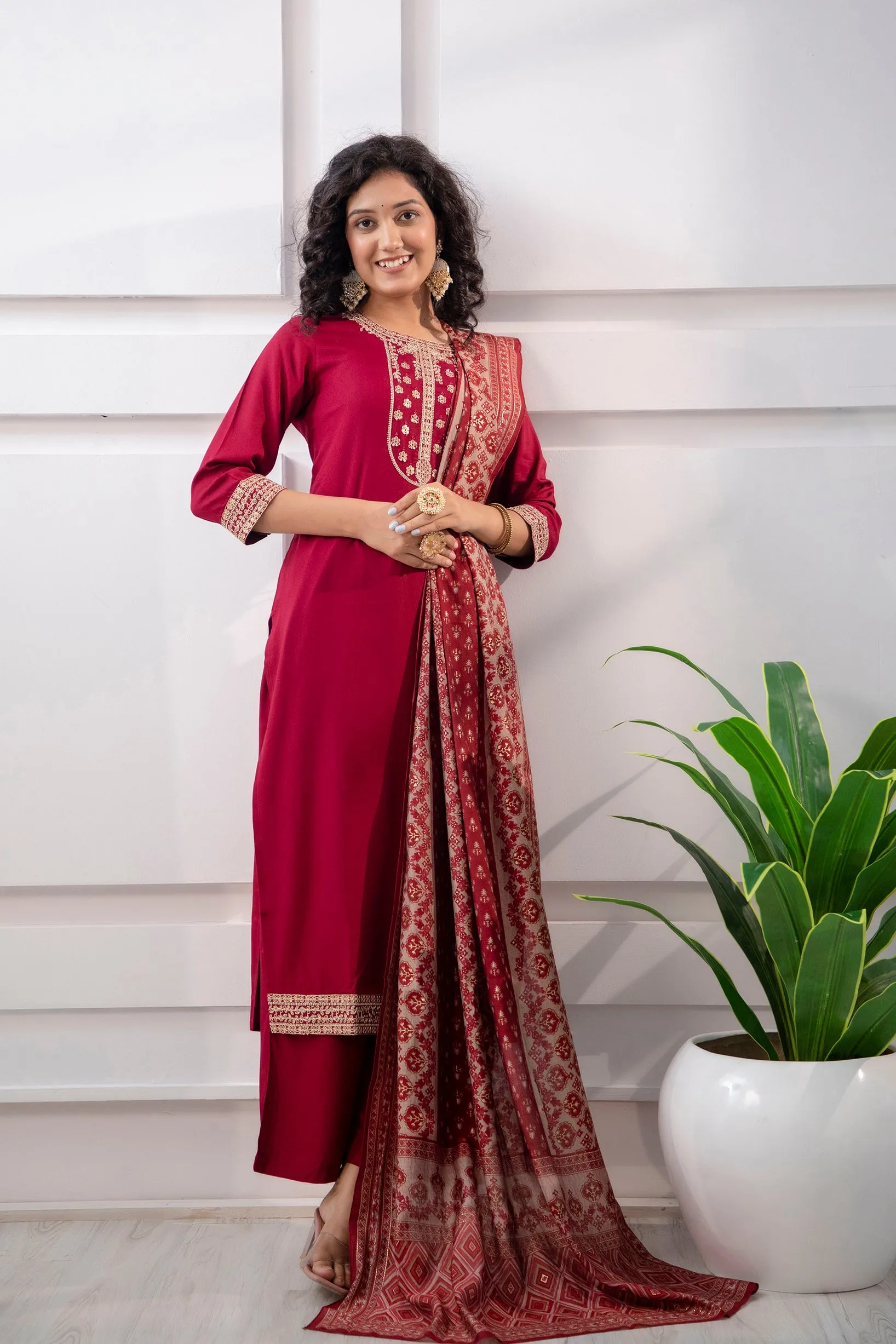 Women's Rayon Maroon Straight Kurta Palazzo and Dupatta Set