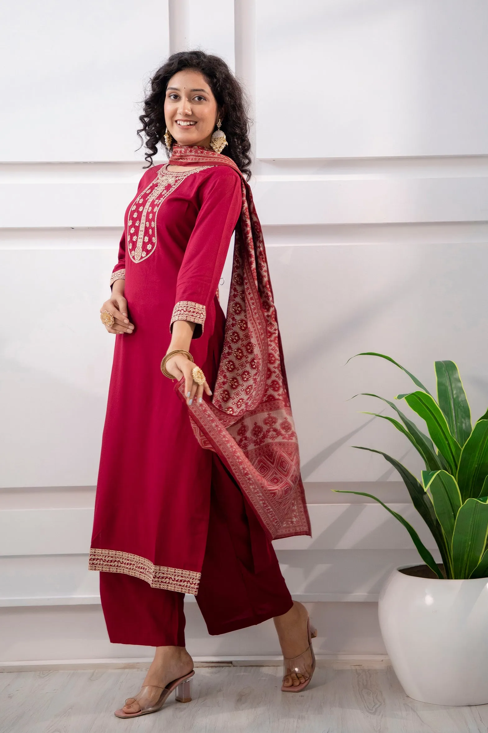 Women's Rayon Maroon Straight Kurta Palazzo and Dupatta Set