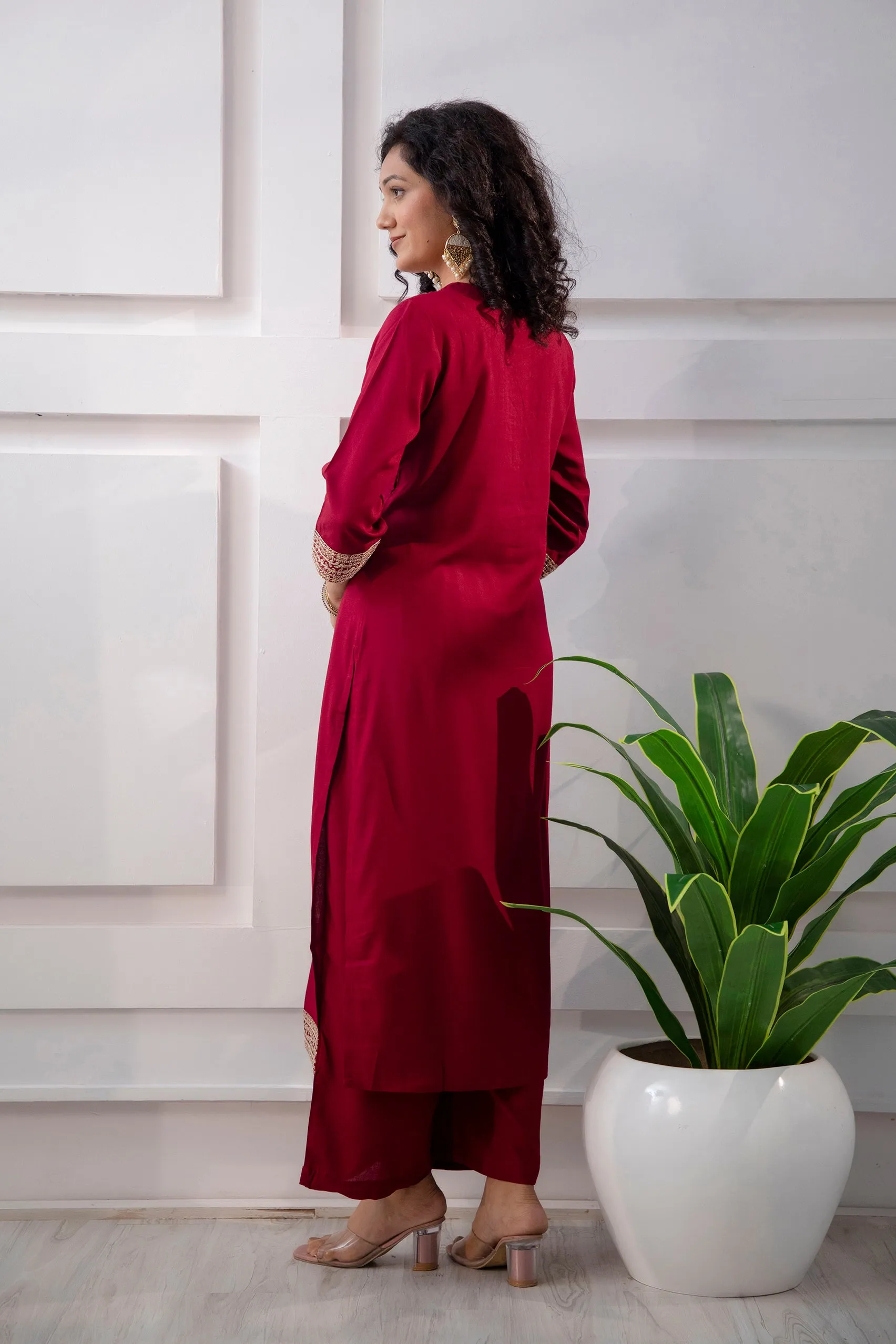 Women's Rayon Maroon Straight Kurta Palazzo and Dupatta Set