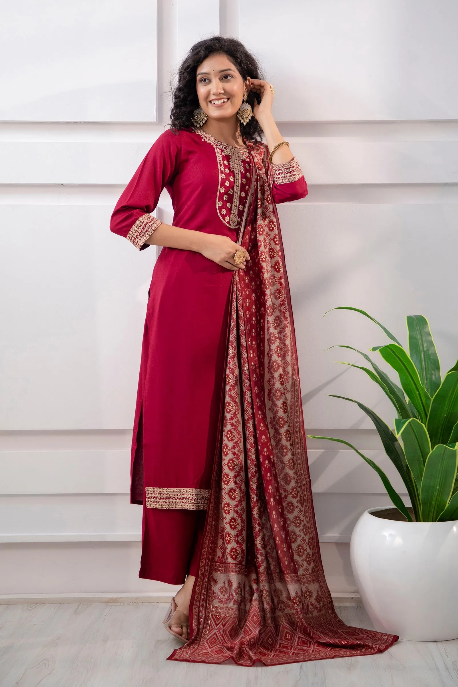 Women's Rayon Maroon Straight Kurta Palazzo and Dupatta Set