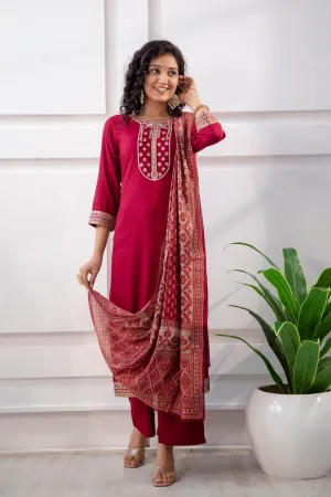 Women's Rayon Maroon Straight Kurta Palazzo and Dupatta Set
