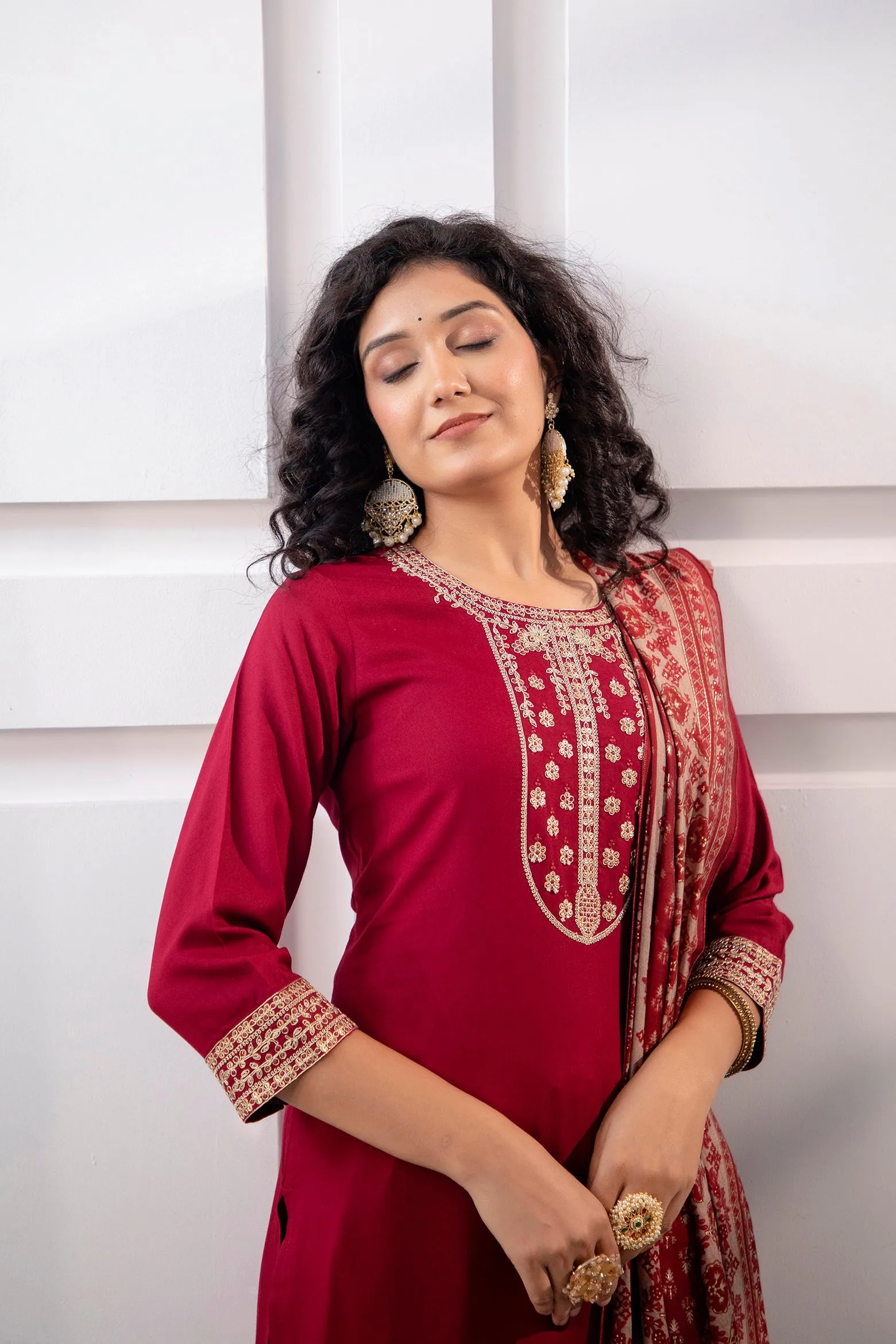 Women's Rayon Maroon Straight Kurta Palazzo and Dupatta Set