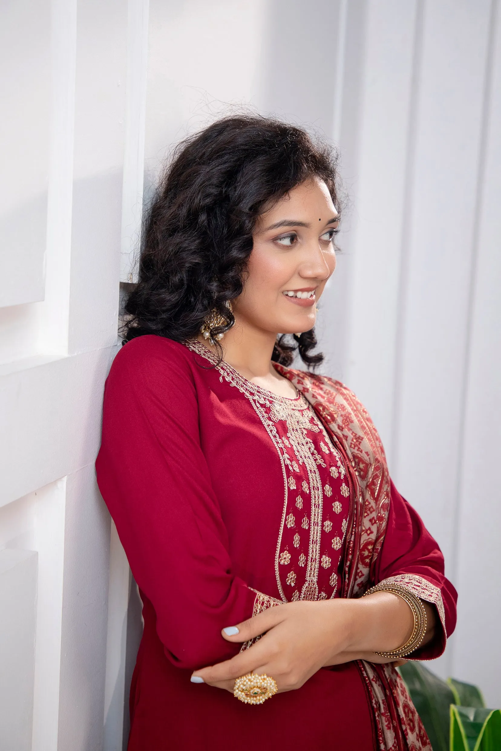 Women's Rayon Maroon Straight Kurta Palazzo and Dupatta Set