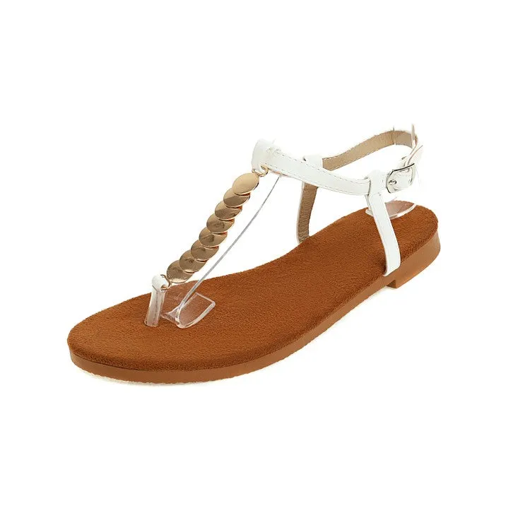 Women's Round Toe Metal Sequins Ankle Strap Flat Sandals