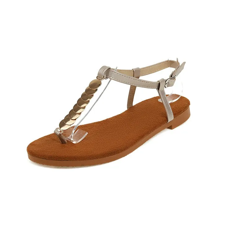 Women's Round Toe Metal Sequins Ankle Strap Flat Sandals