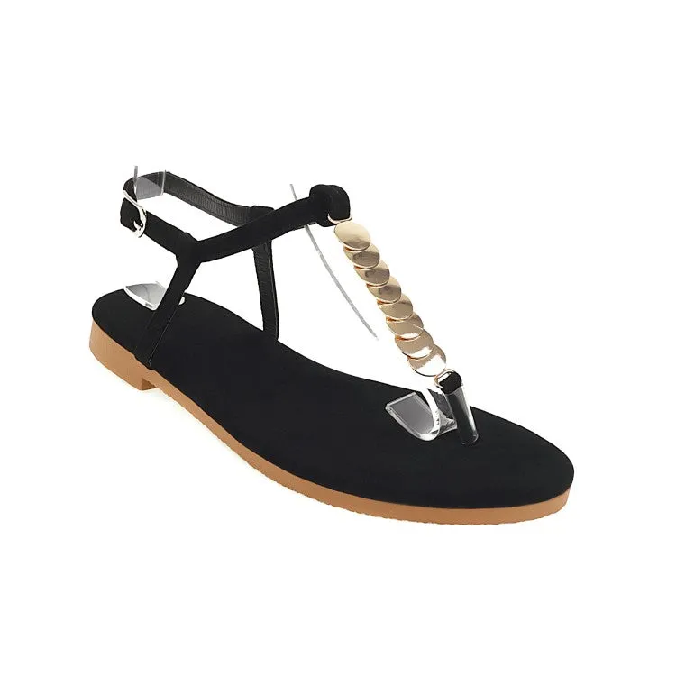 Women's Round Toe Metal Sequins Ankle Strap Flat Sandals