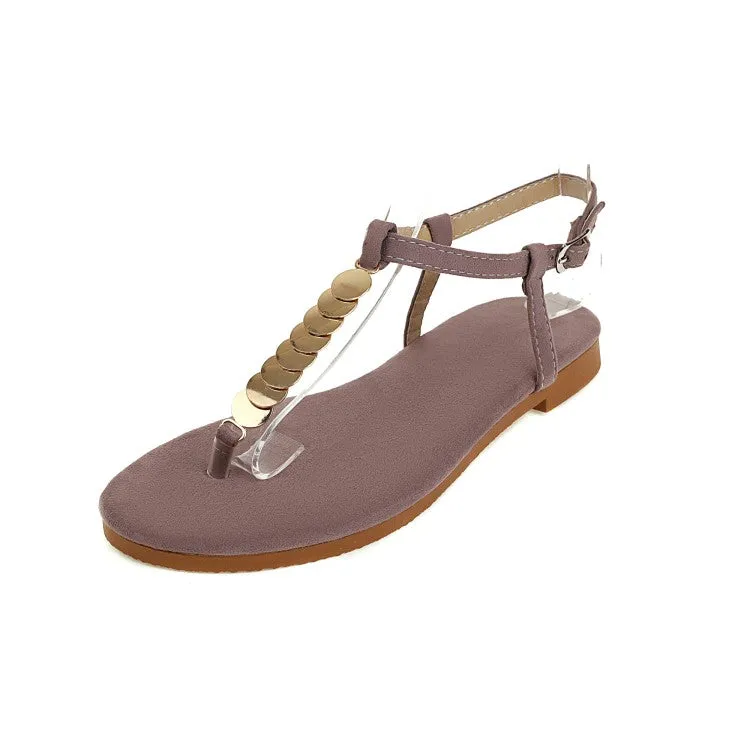 Women's Round Toe Metal Sequins Ankle Strap Flat Sandals