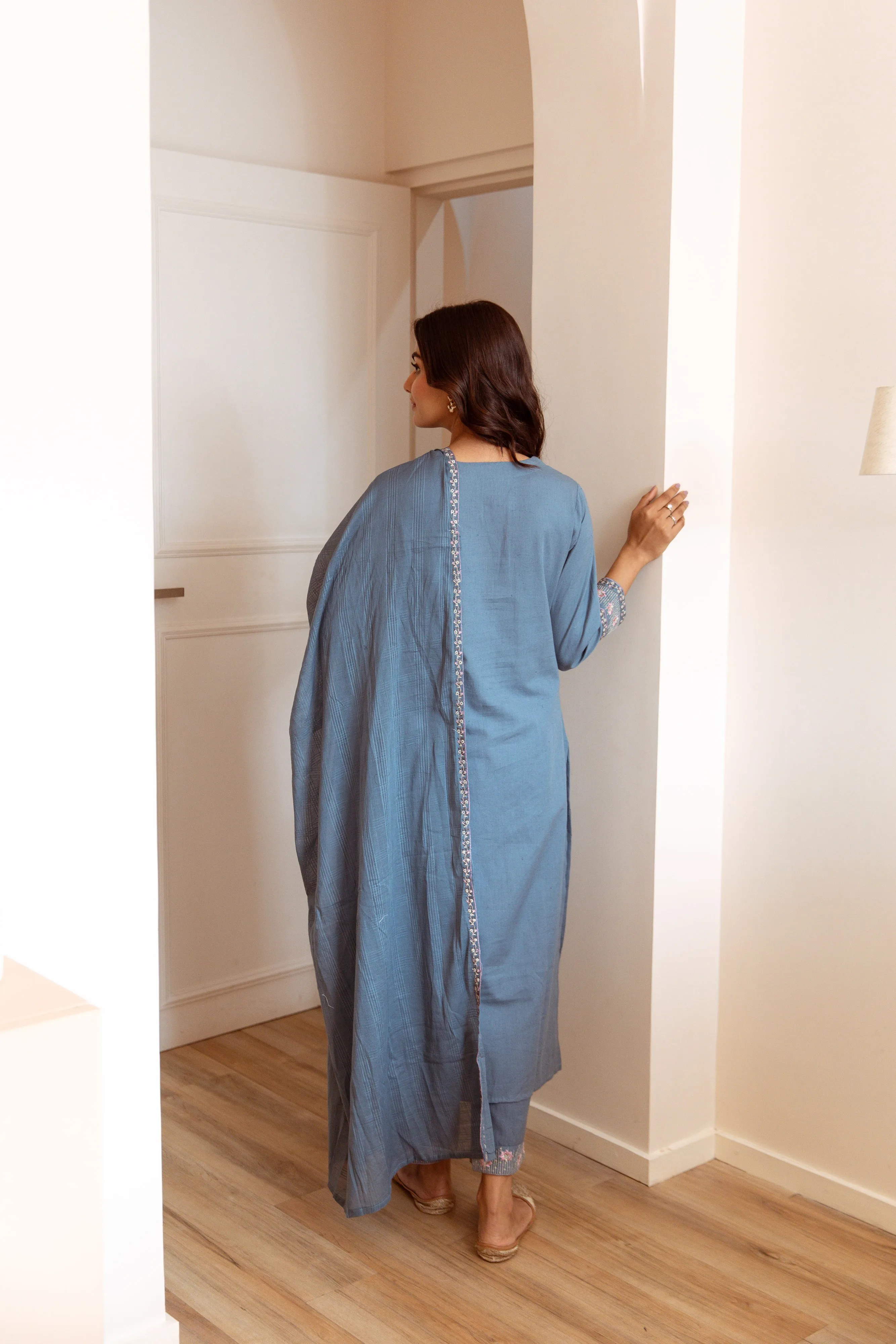 Women's Sky Blue Cotton Kurta, Pant  and Dupatta Set