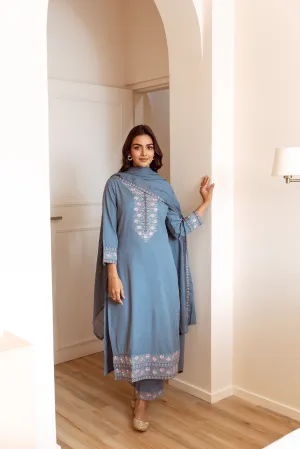 Women's Sky Blue Cotton Kurta, Pant  and Dupatta Set