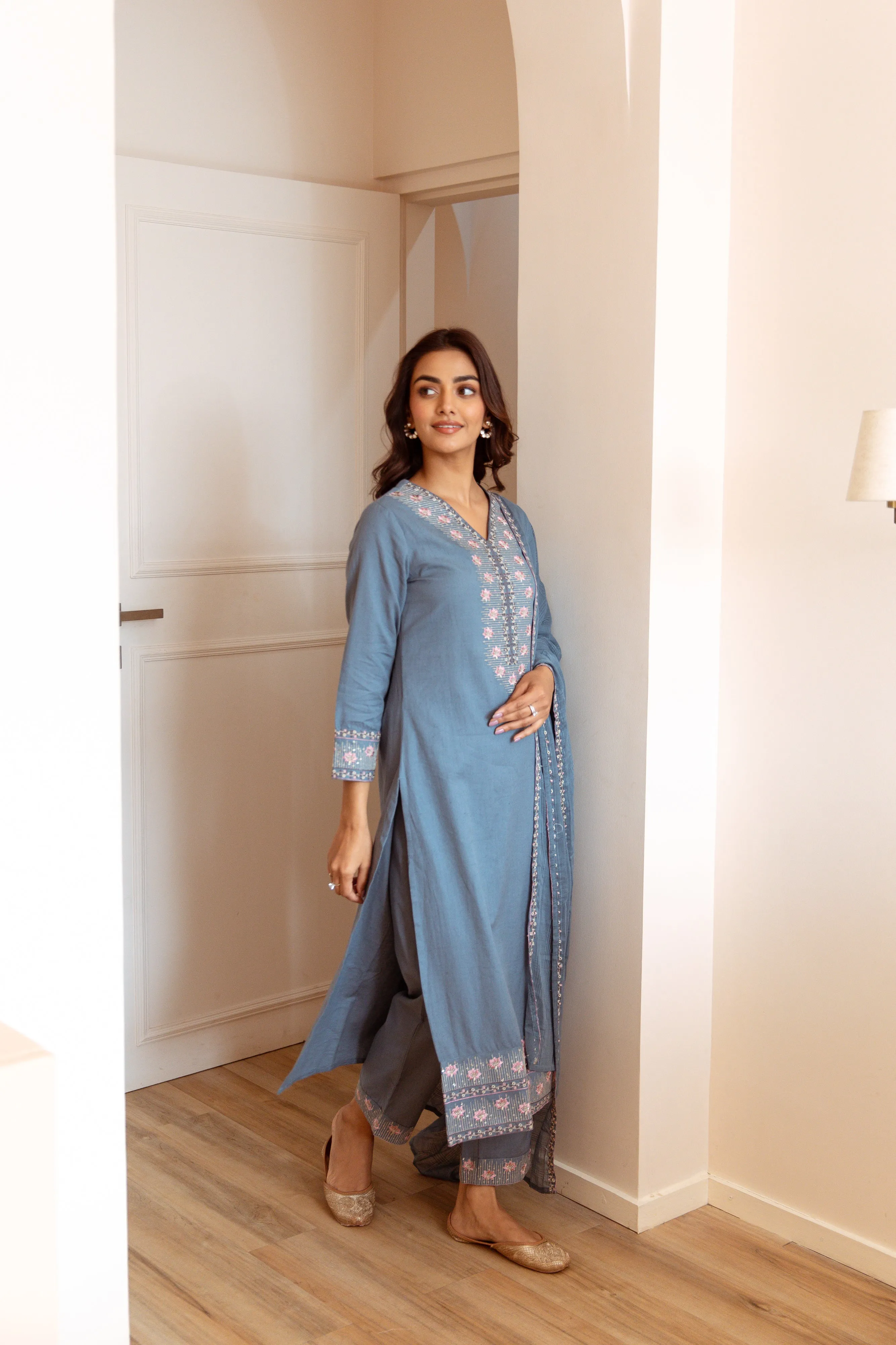Women's Sky Blue Cotton Kurta, Pant  and Dupatta Set