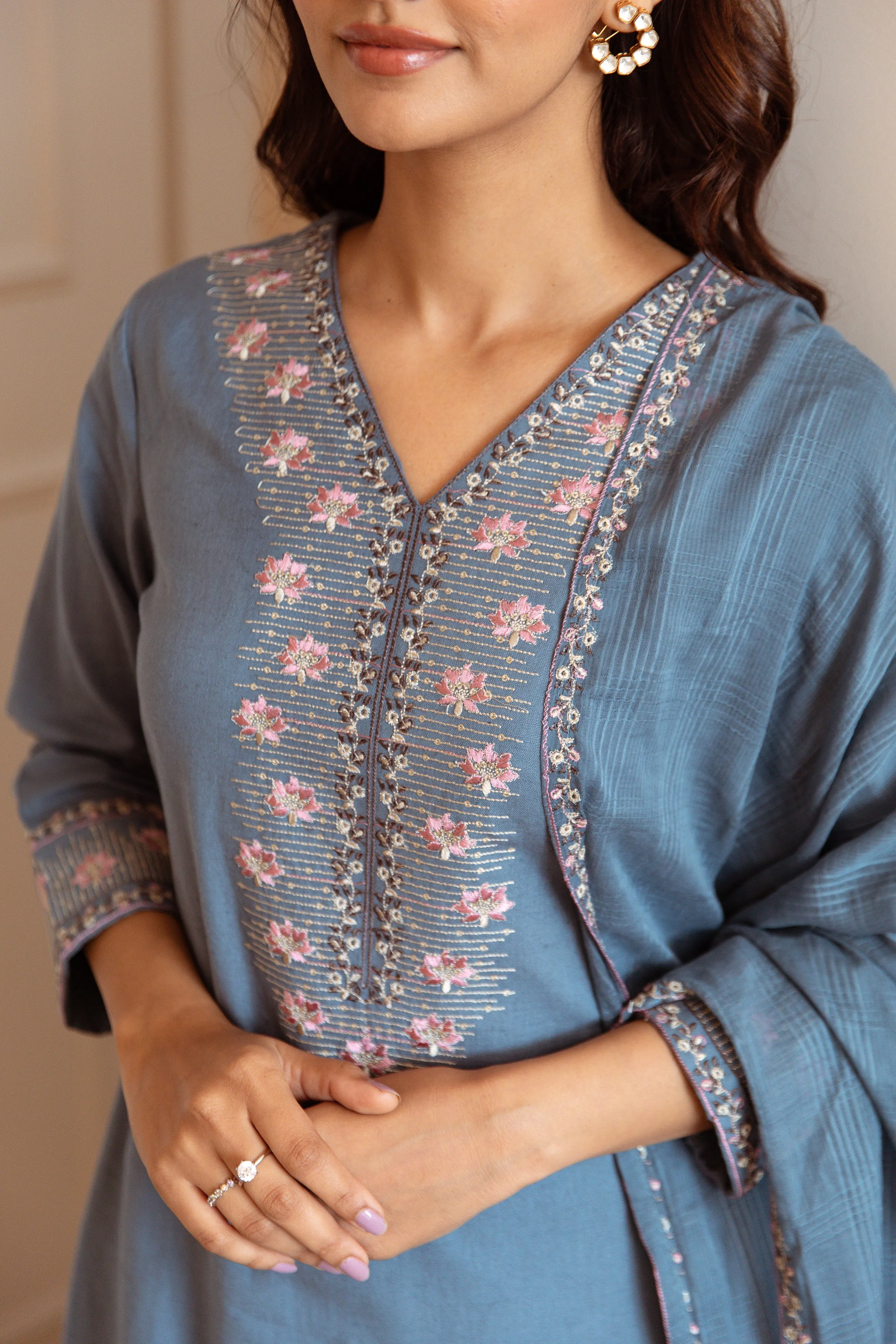 Women's Sky Blue Cotton Kurta, Pant  and Dupatta Set