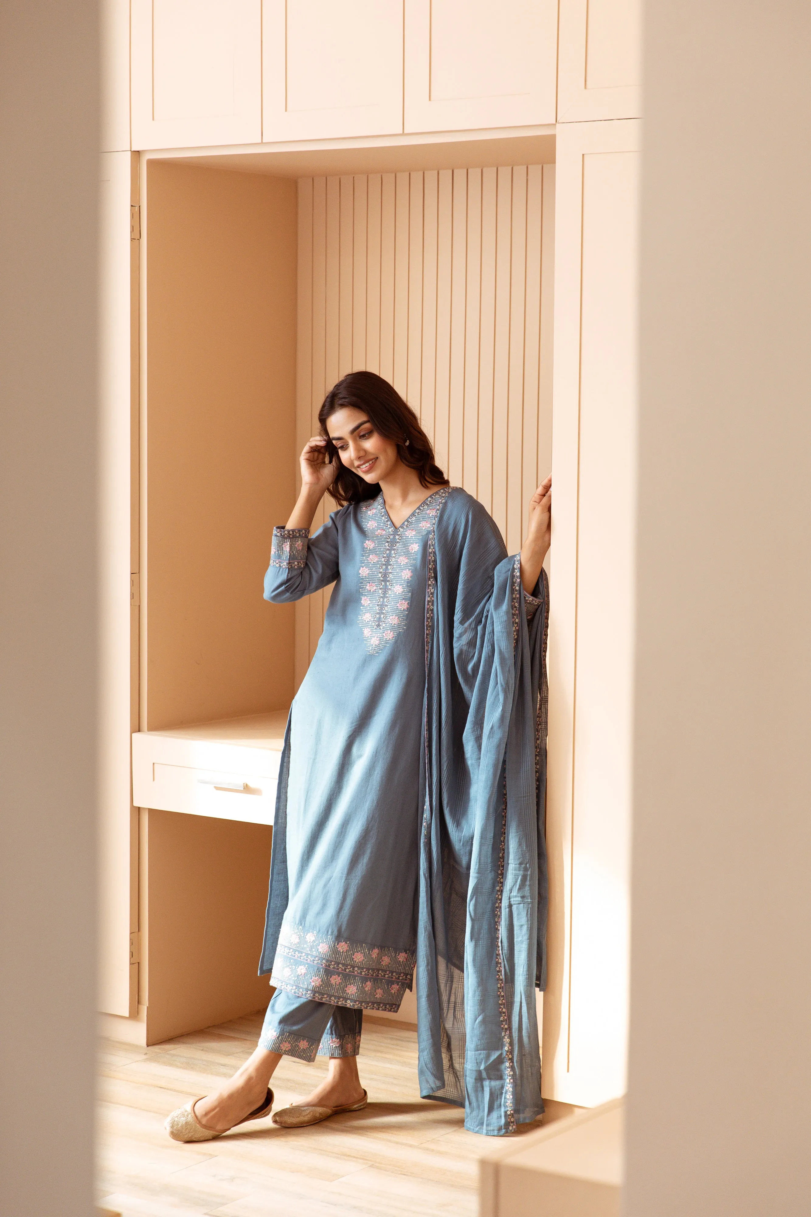 Women's Sky Blue Cotton Kurta, Pant  and Dupatta Set
