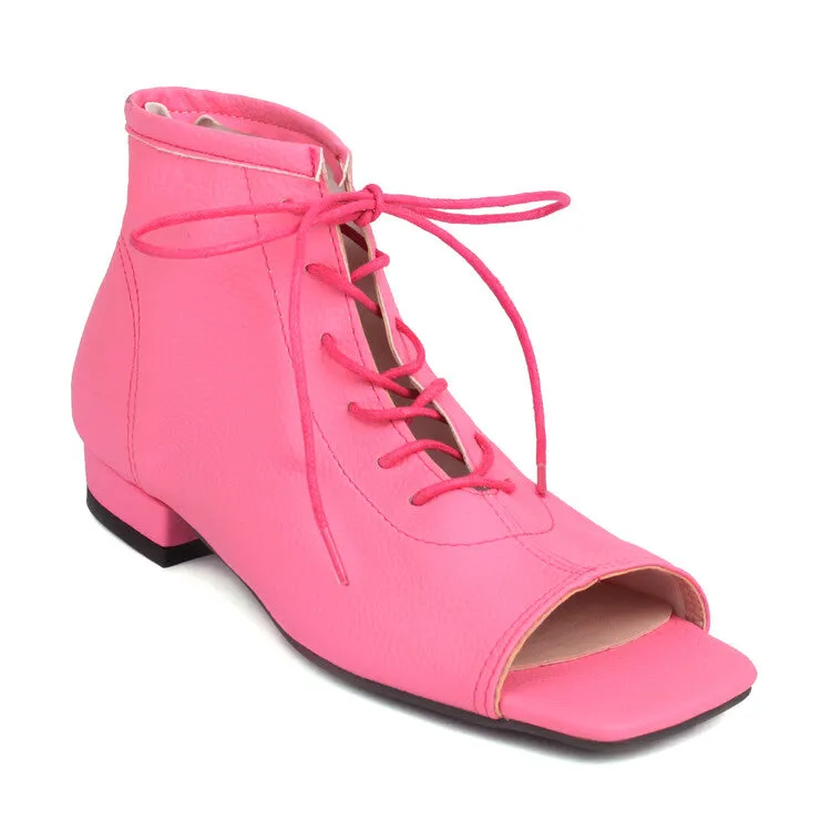 Women's Square Open Toe Lace-Up Flat Sandals