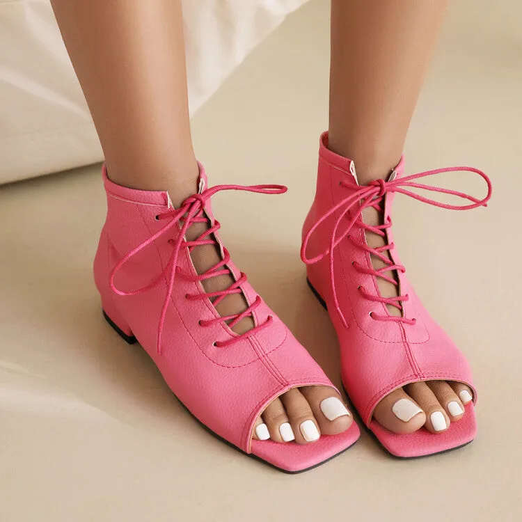 Women's Square Open Toe Lace-Up Flat Sandals