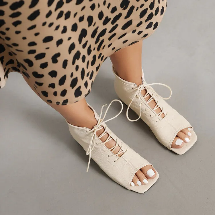 Women's Square Open Toe Lace-Up Flat Sandals