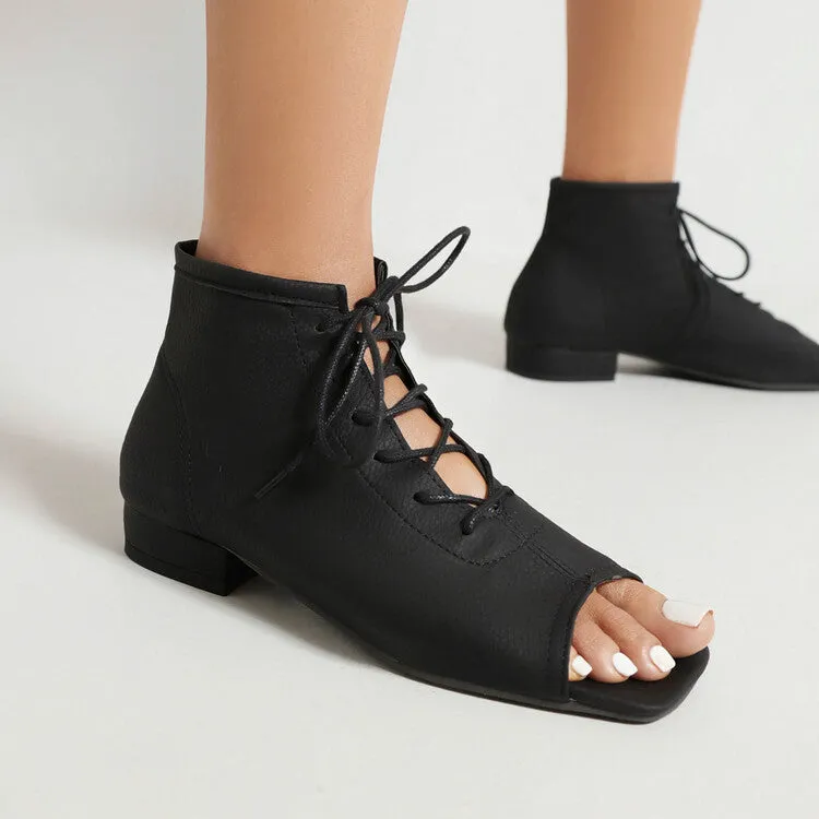 Women's Square Open Toe Lace-Up Flat Sandals