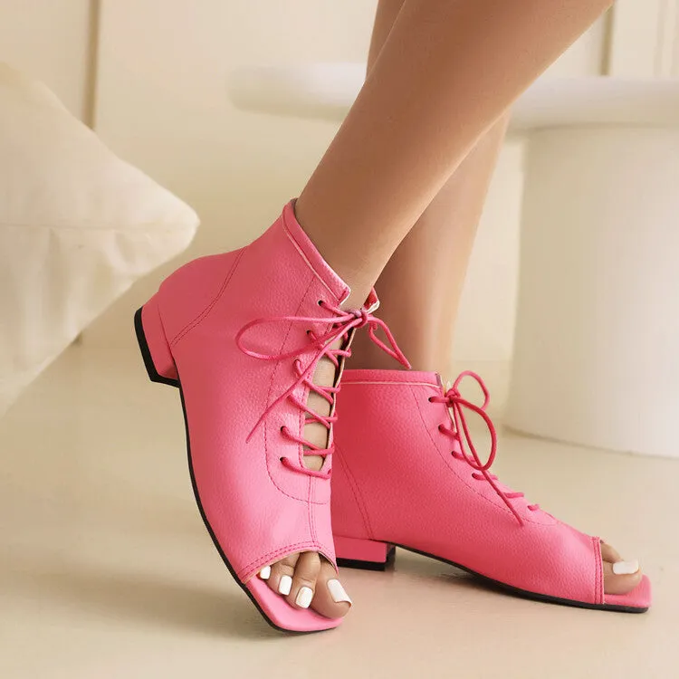 Women's Square Open Toe Lace-Up Flat Sandals