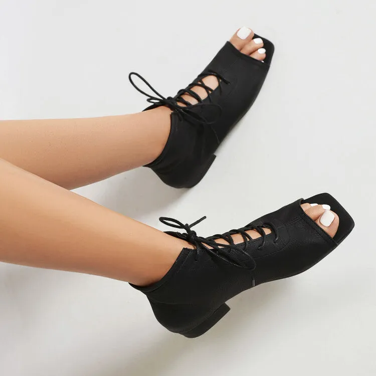 Women's Square Open Toe Lace-Up Flat Sandals