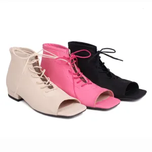 Women's Square Open Toe Lace-Up Flat Sandals