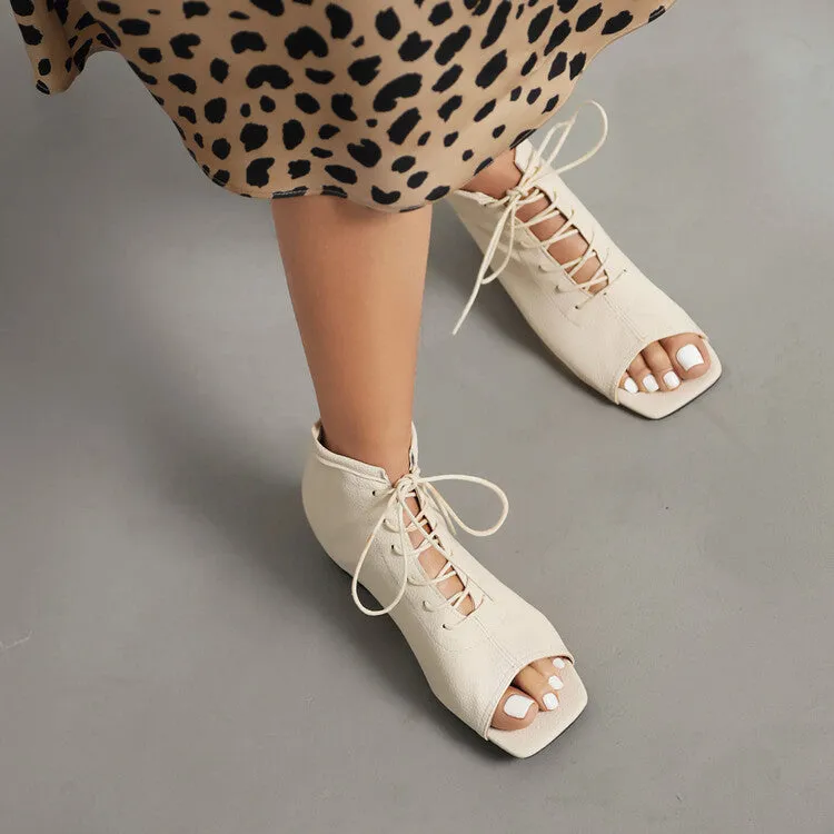 Women's Square Open Toe Lace-Up Flat Sandals