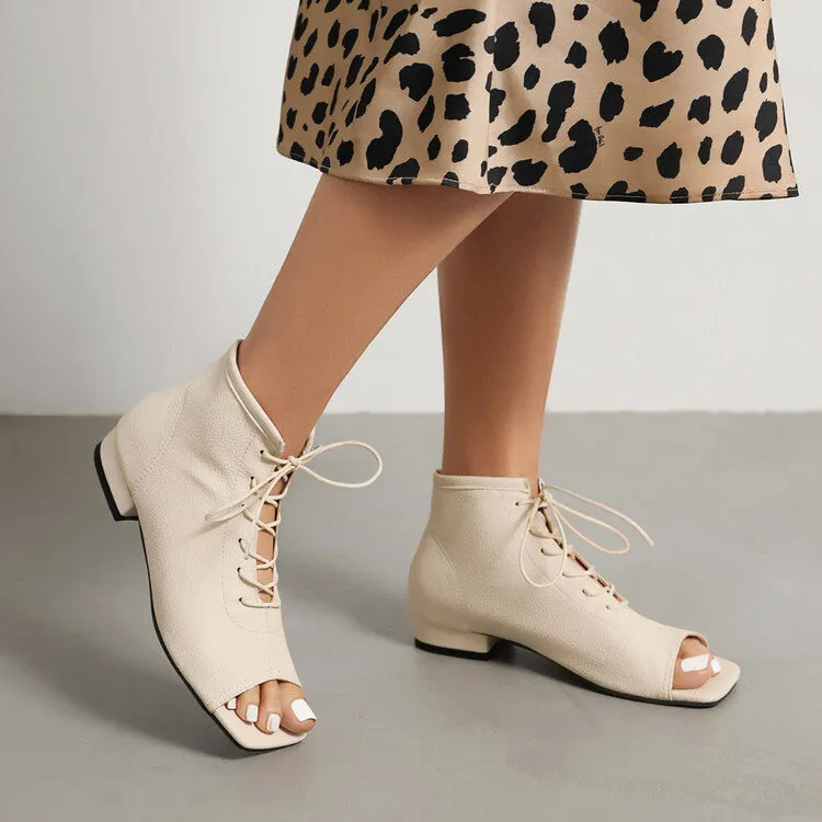 Women's Square Open Toe Lace-Up Flat Sandals