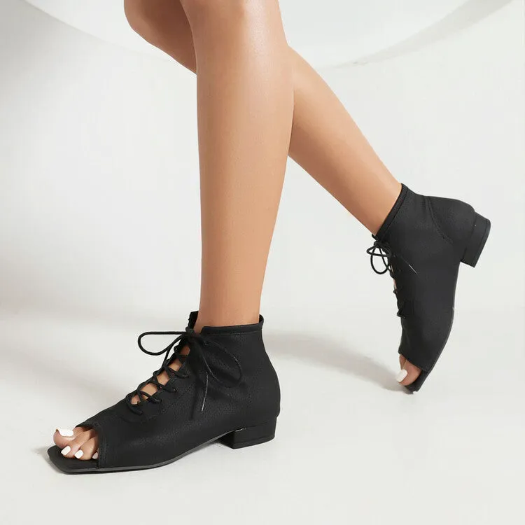 Women's Square Open Toe Lace-Up Flat Sandals