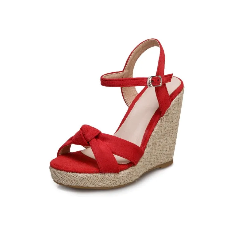 Women's Suede Knot Ankle Strap Woven Wedge Heel Platform Sandals