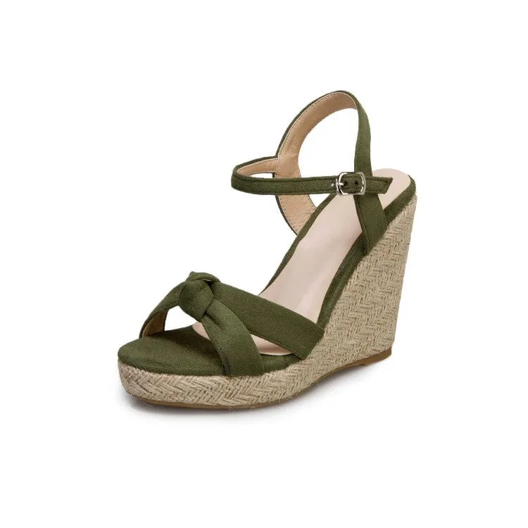 Women's Suede Knot Ankle Strap Woven Wedge Heel Platform Sandals