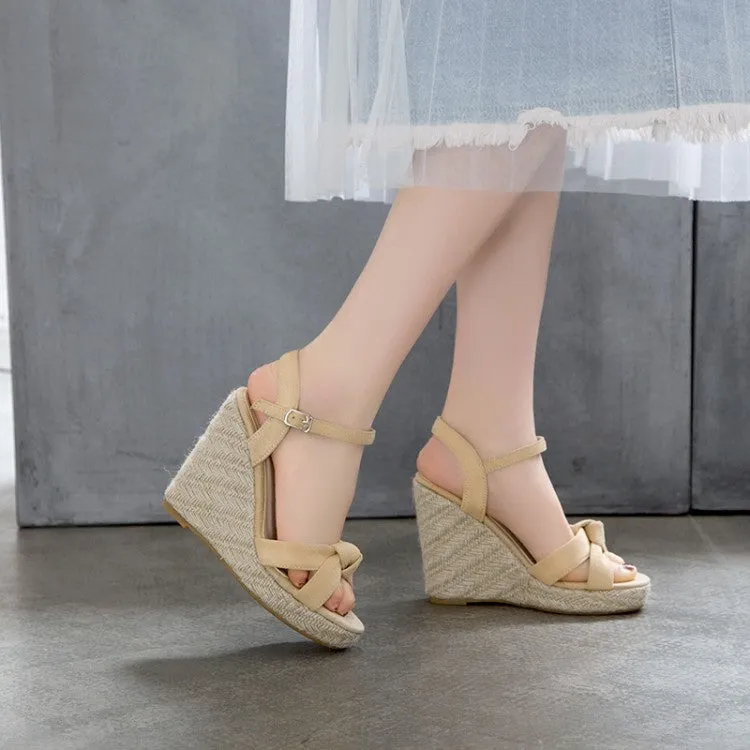 Women's Suede Knot Ankle Strap Woven Wedge Heel Platform Sandals