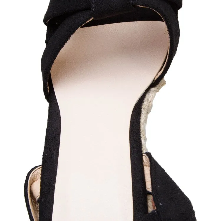 Women's Suede Knot Ankle Strap Woven Wedge Heel Platform Sandals