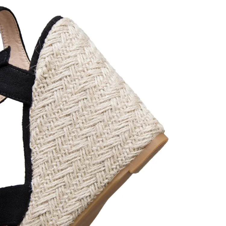 Women's Suede Knot Ankle Strap Woven Wedge Heel Platform Sandals