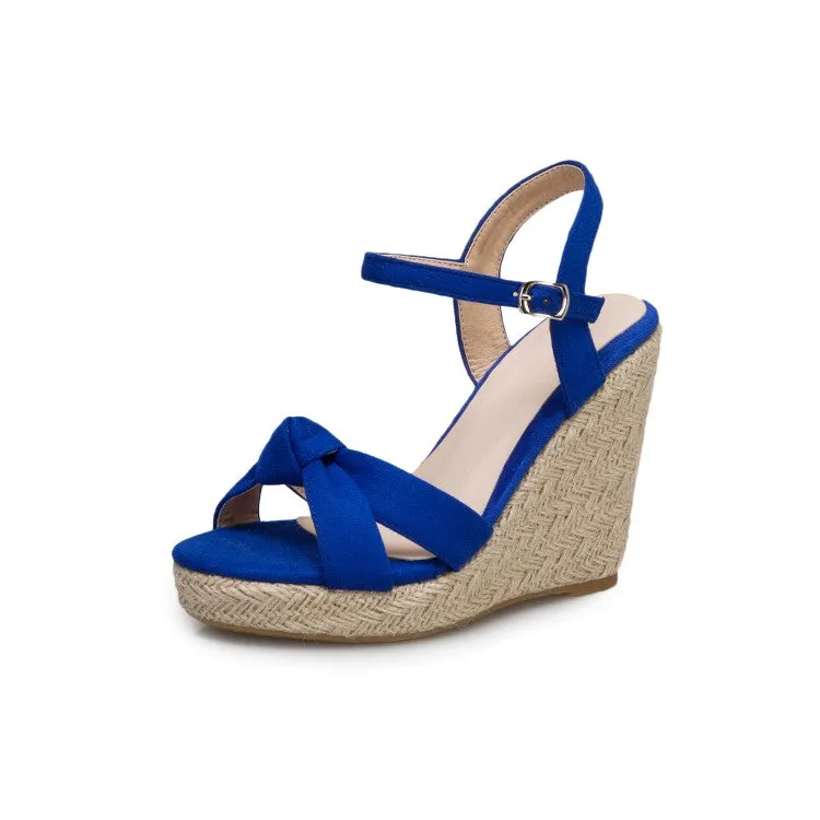 Women's Suede Knot Ankle Strap Woven Wedge Heel Platform Sandals