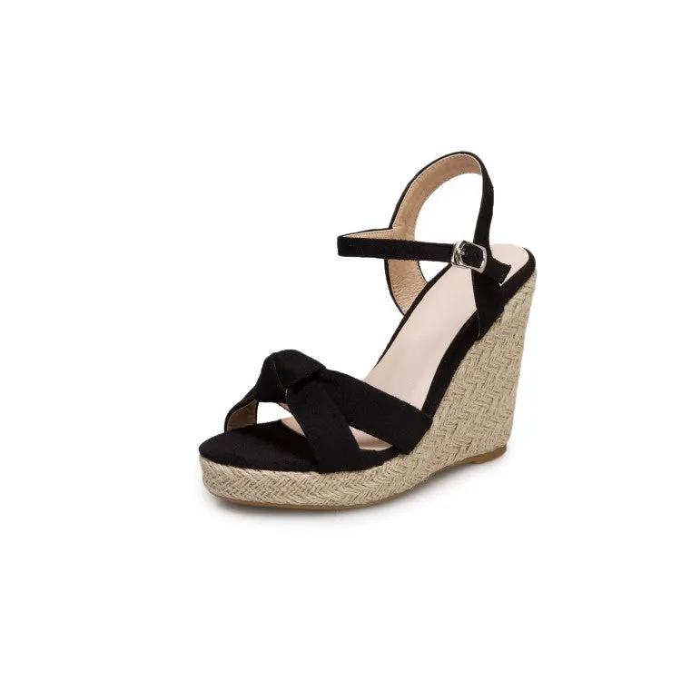 Women's Suede Knot Ankle Strap Woven Wedge Heel Platform Sandals