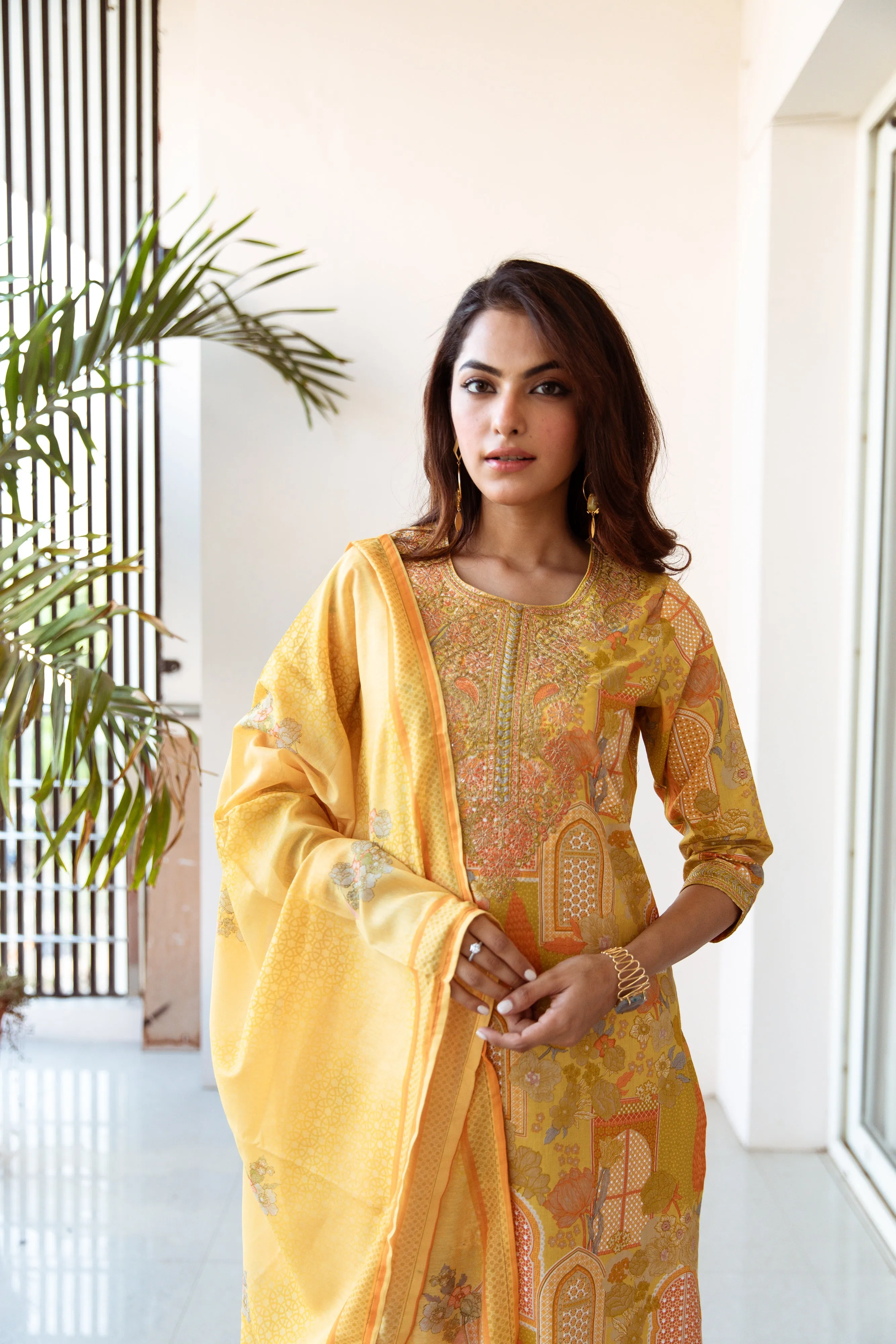 Women's Yellow Cotton Kurta, Pant & Dupatta Set