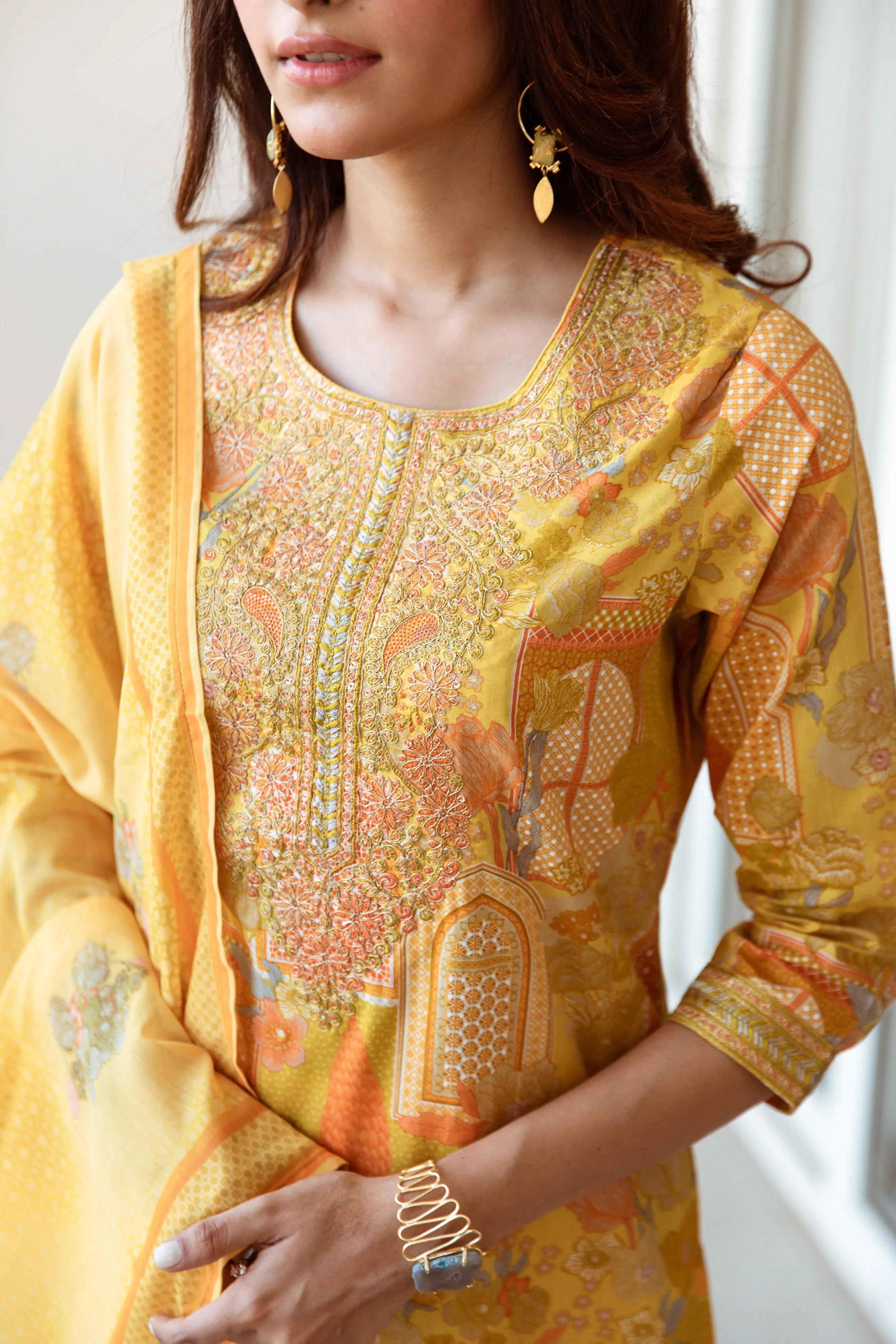 Women's Yellow Cotton Kurta, Pant & Dupatta Set