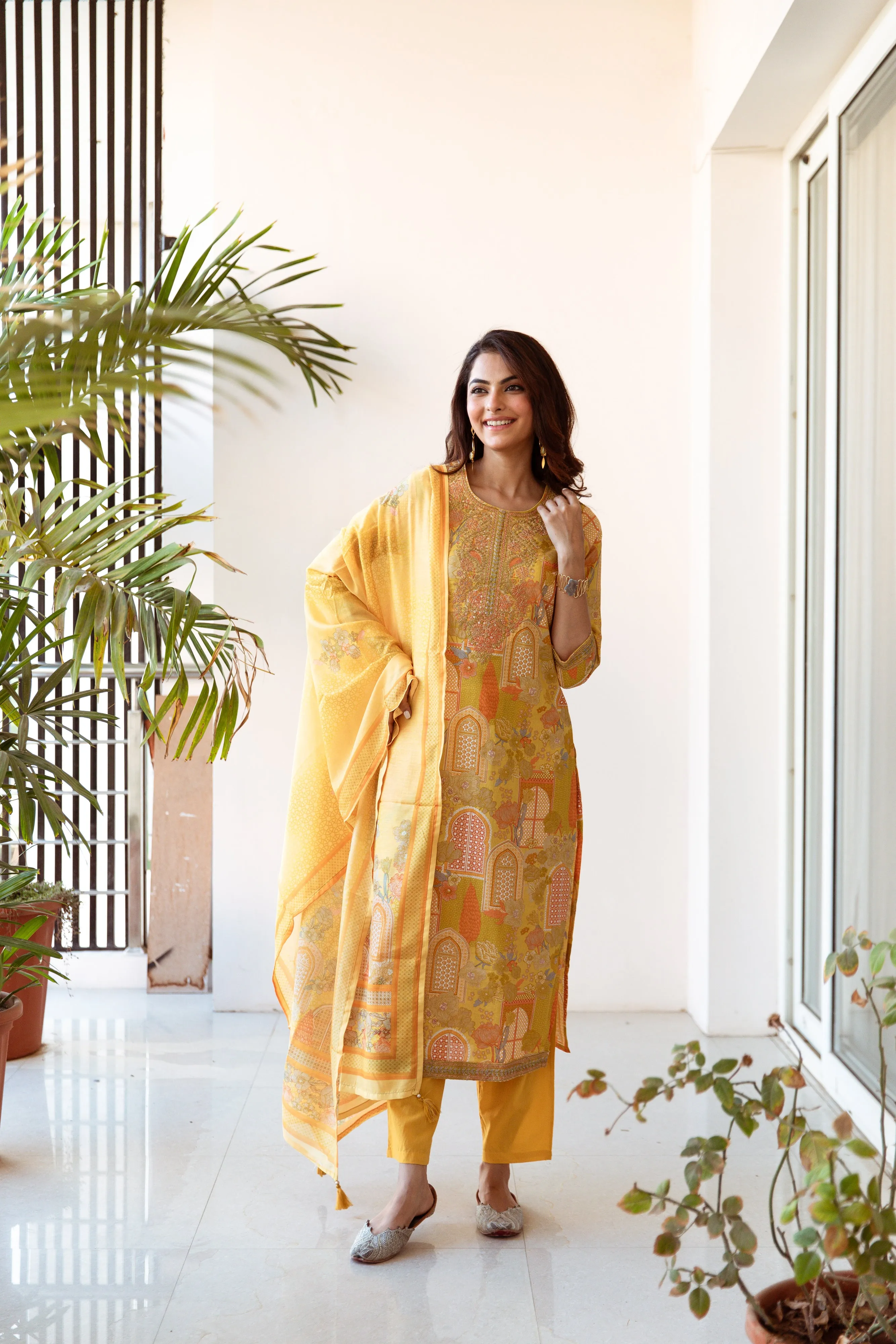 Women's Yellow Cotton Kurta, Pant & Dupatta Set