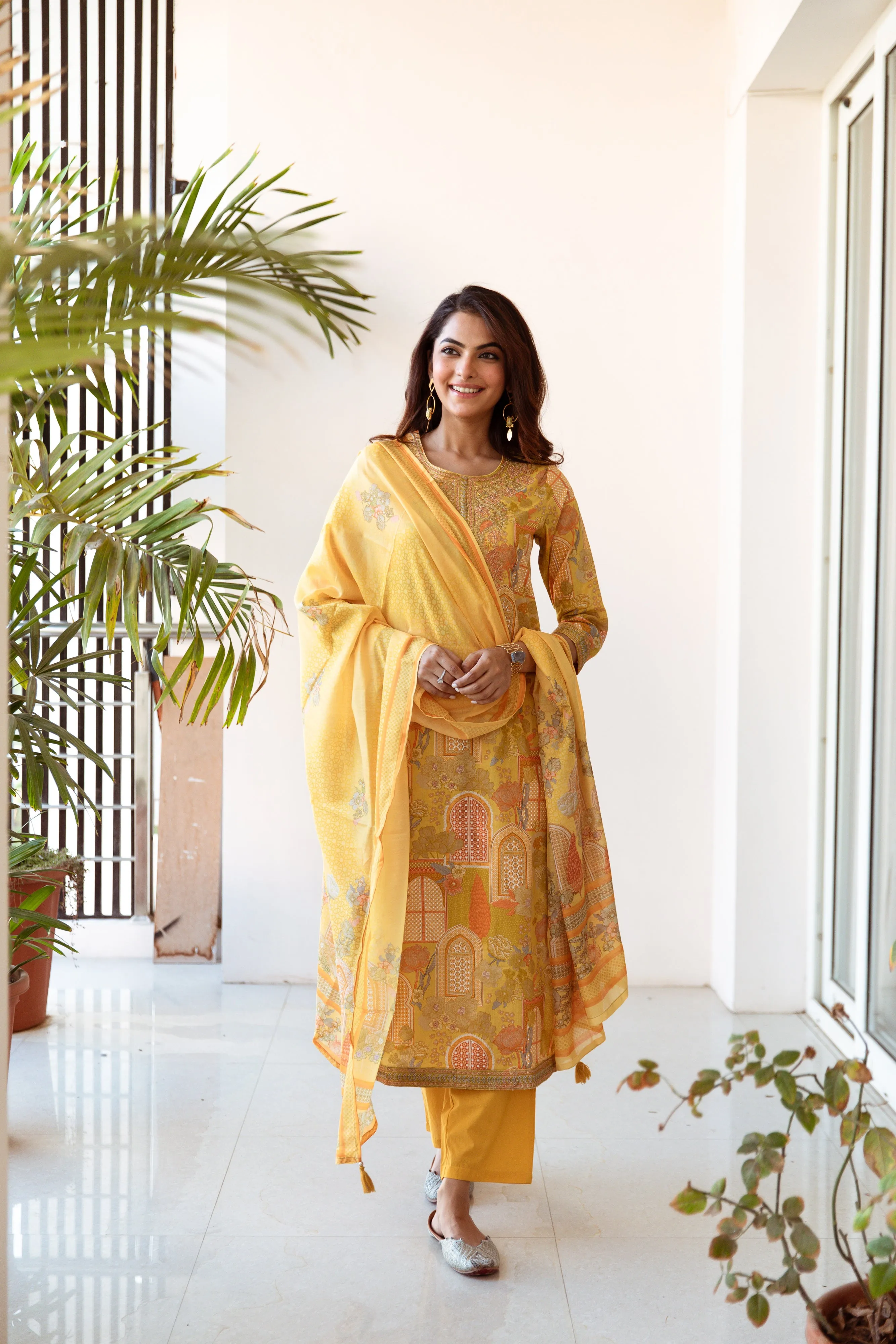 Women's Yellow Cotton Kurta, Pant & Dupatta Set