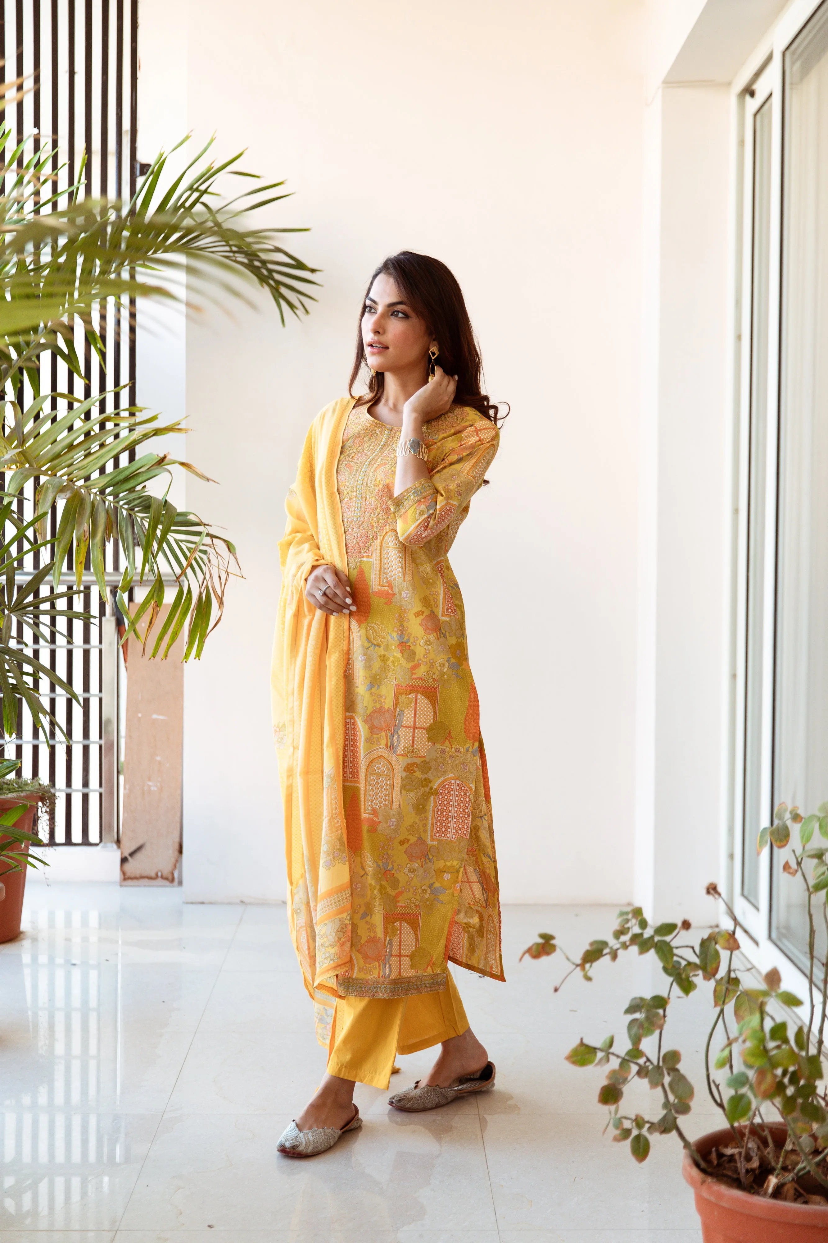 Women's Yellow Cotton Kurta, Pant & Dupatta Set