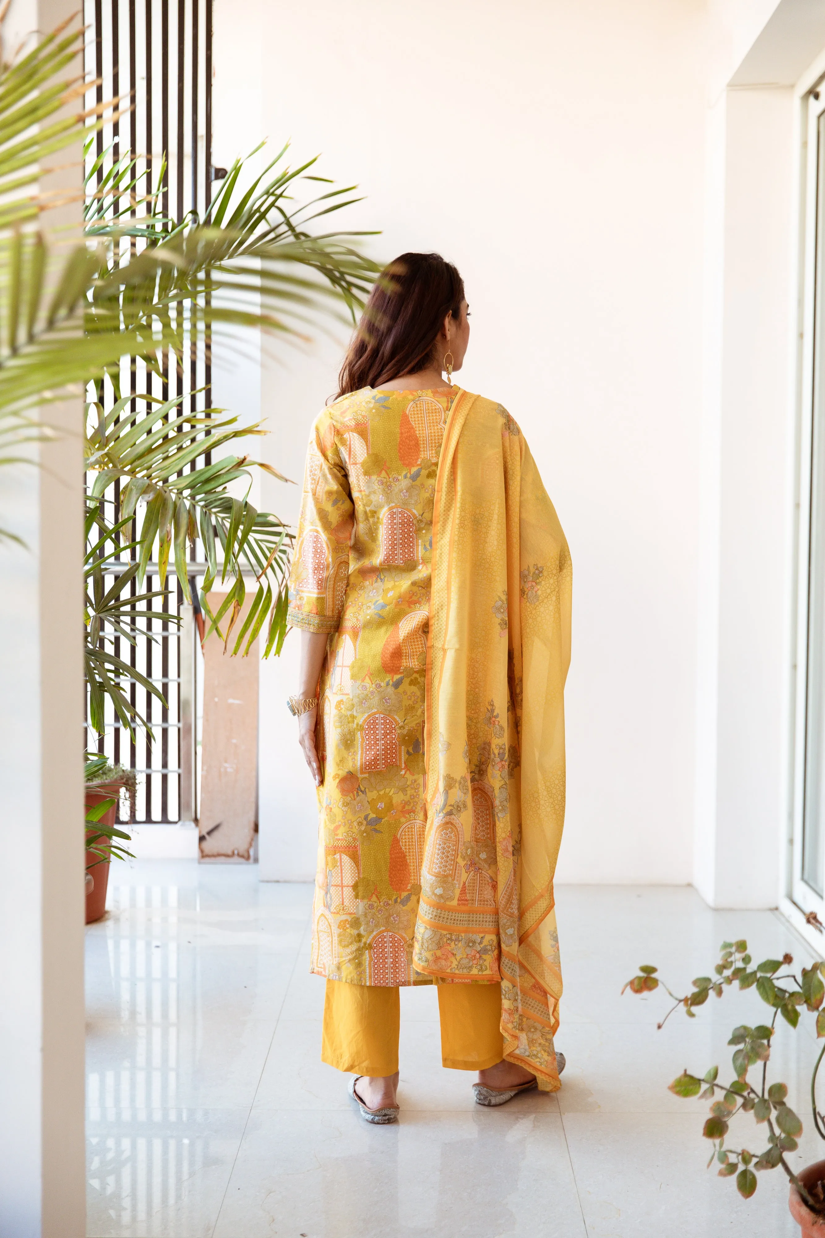 Women's Yellow Cotton Kurta, Pant & Dupatta Set