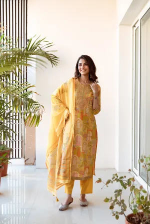 Women's Yellow Cotton Kurta, Pant & Dupatta Set