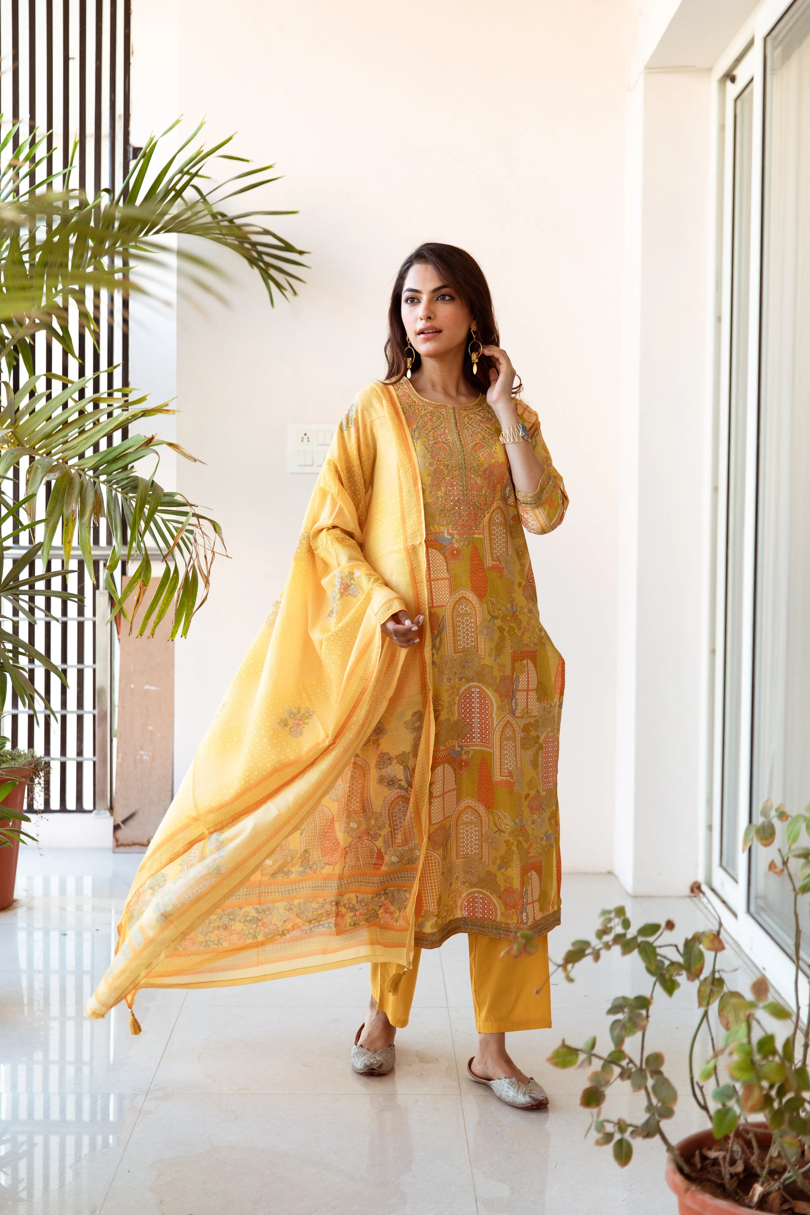 Women's Yellow Cotton Kurta, Pant & Dupatta Set